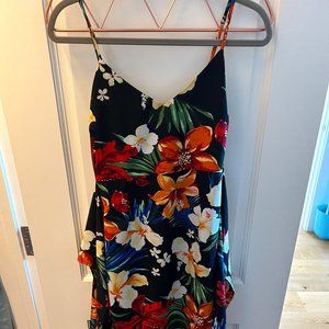 Black Midi Dress with Tropical Flowers - size M